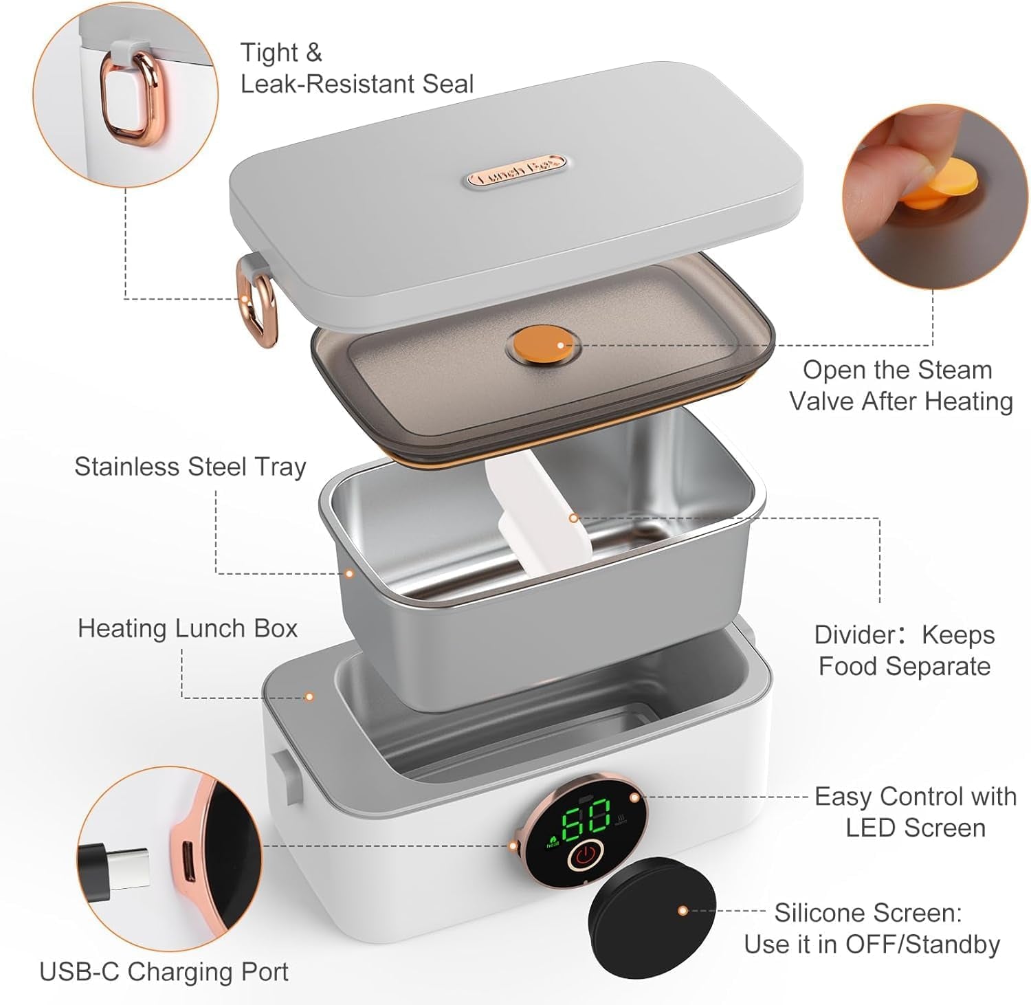 Portable Heated Lunch Box for Adults, 1000Ml Capacity SS Inner Liner | Cordless Electric Food Warmer 16000 Mah Battery Powered,6 Temperature & 7 Timer Settings for Travel/Picnic/Camping/Office