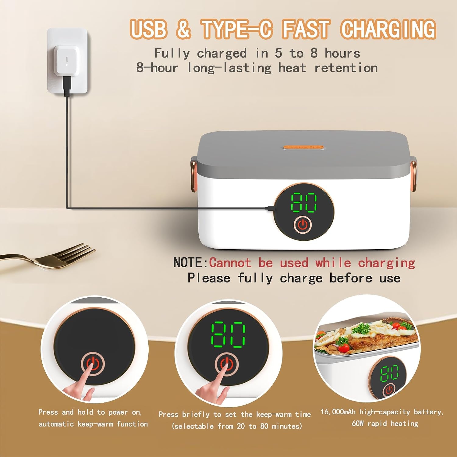 Portable Heated Lunch Box for Adults, 1000Ml Capacity SS Inner Liner | Cordless Electric Food Warmer 16000 Mah Battery Powered,6 Temperature & 7 Timer Settings for Travel/Picnic/Camping/Office
