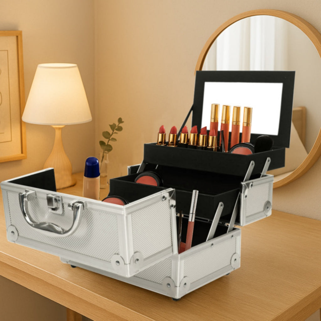 Portable Top-Opening with Mirror, Aluminum Alloy, Silver Color, Makeup Box, SM-2176