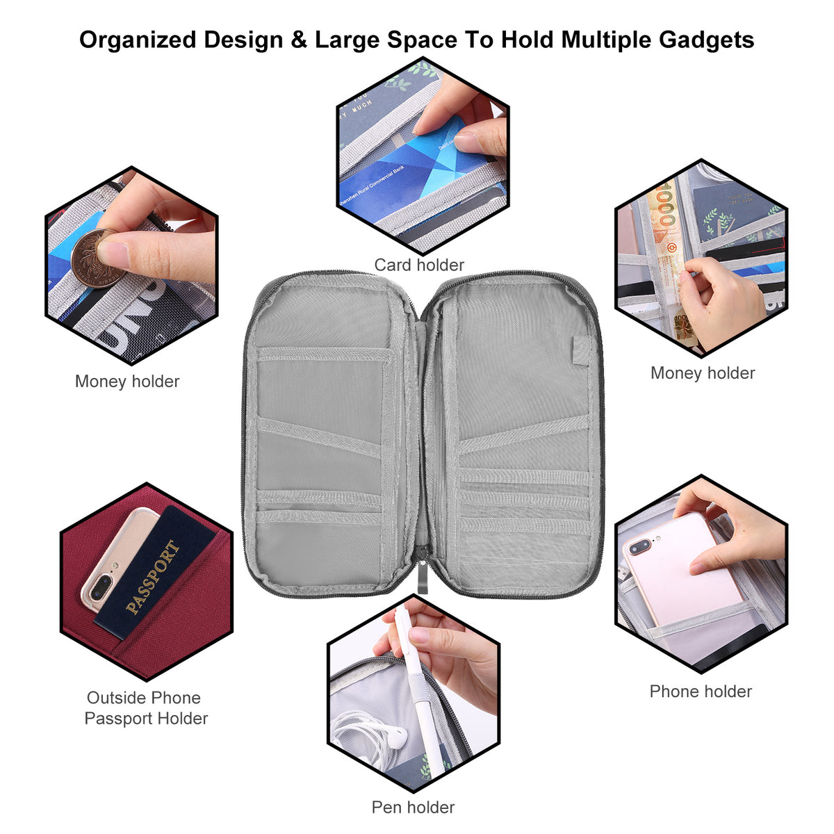 1Pc Travel Passport Wallet 12Cells Ticket ID Credit Card Holder Water Repellent Documents Phone Organizer Zipper Case Business Trip Daily Use