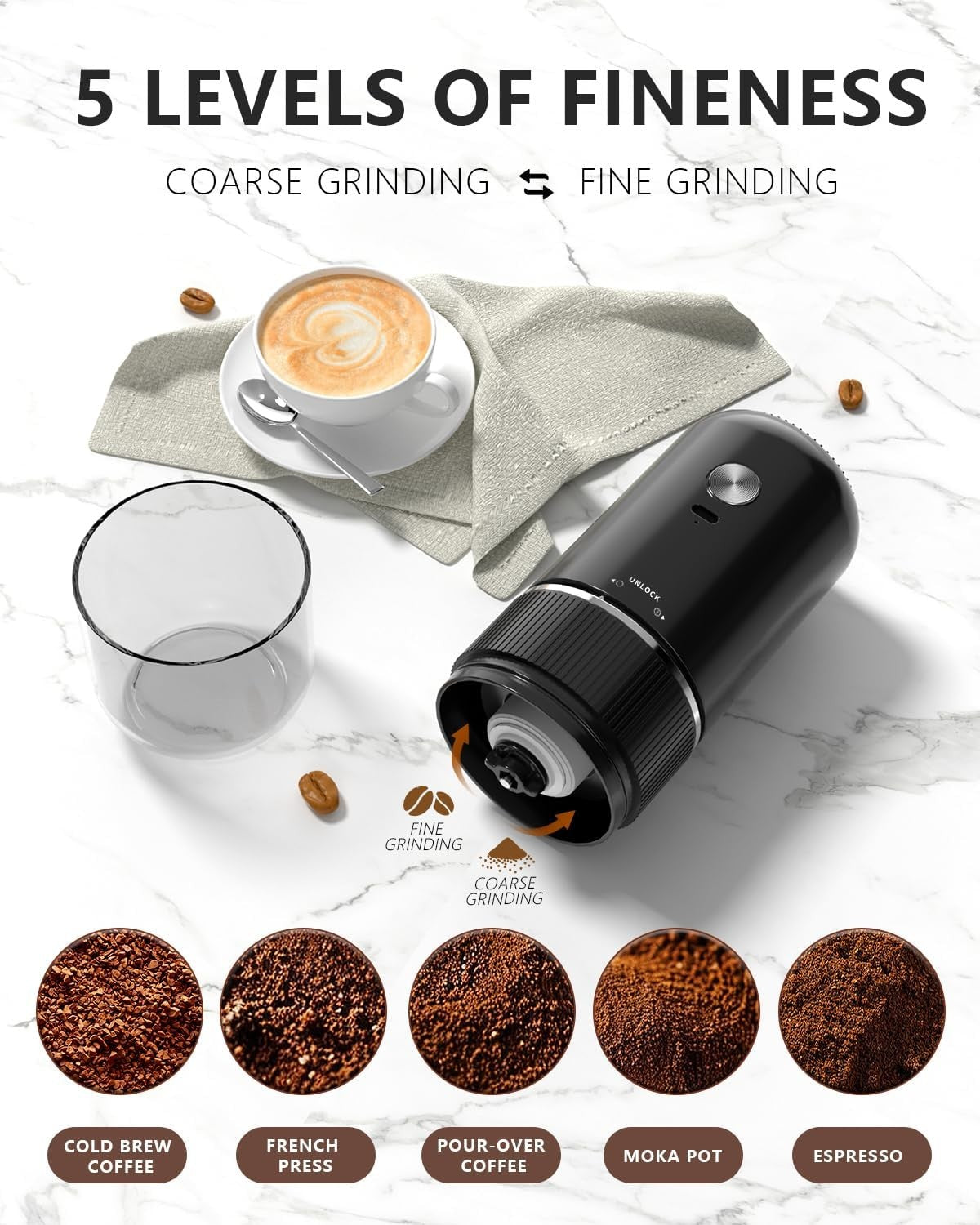 Portable Electric Coffee Grinder, Automatic Coffee Grinder, Adjustable Coarse