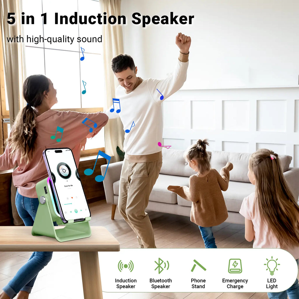 PUTARE Wireless Induction Audio Speaker Stand, 5In1 Cellphone Holder, 3500Mah Rechargeable Emergency Power Bank,360° Adjustable Mobile Tablet Stand with Colorful Ambient Light Gifts for Men Women Summerwins