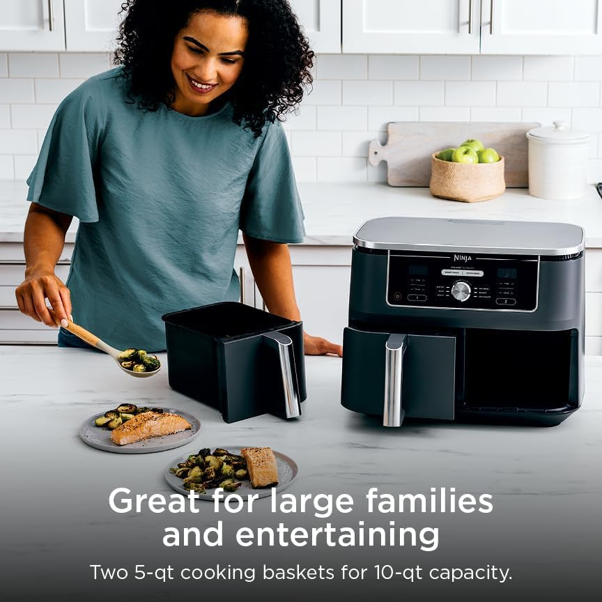Ninja DZ401 Foodi 10 Quart 6-In-1 Dualzone XL 2-Basket Air Fryer with 2 Independent Frying Baskets, Match Cook & Smart Finish to Roast, Broil, Dehydrate for Quick, Easy Family-Sized Meals, Grey | Air Fry, Roast, Broil, Bake, Reheat, Dehydrate, 2 Independent 5 Qt Baskets, Match Cook, IQ Boost