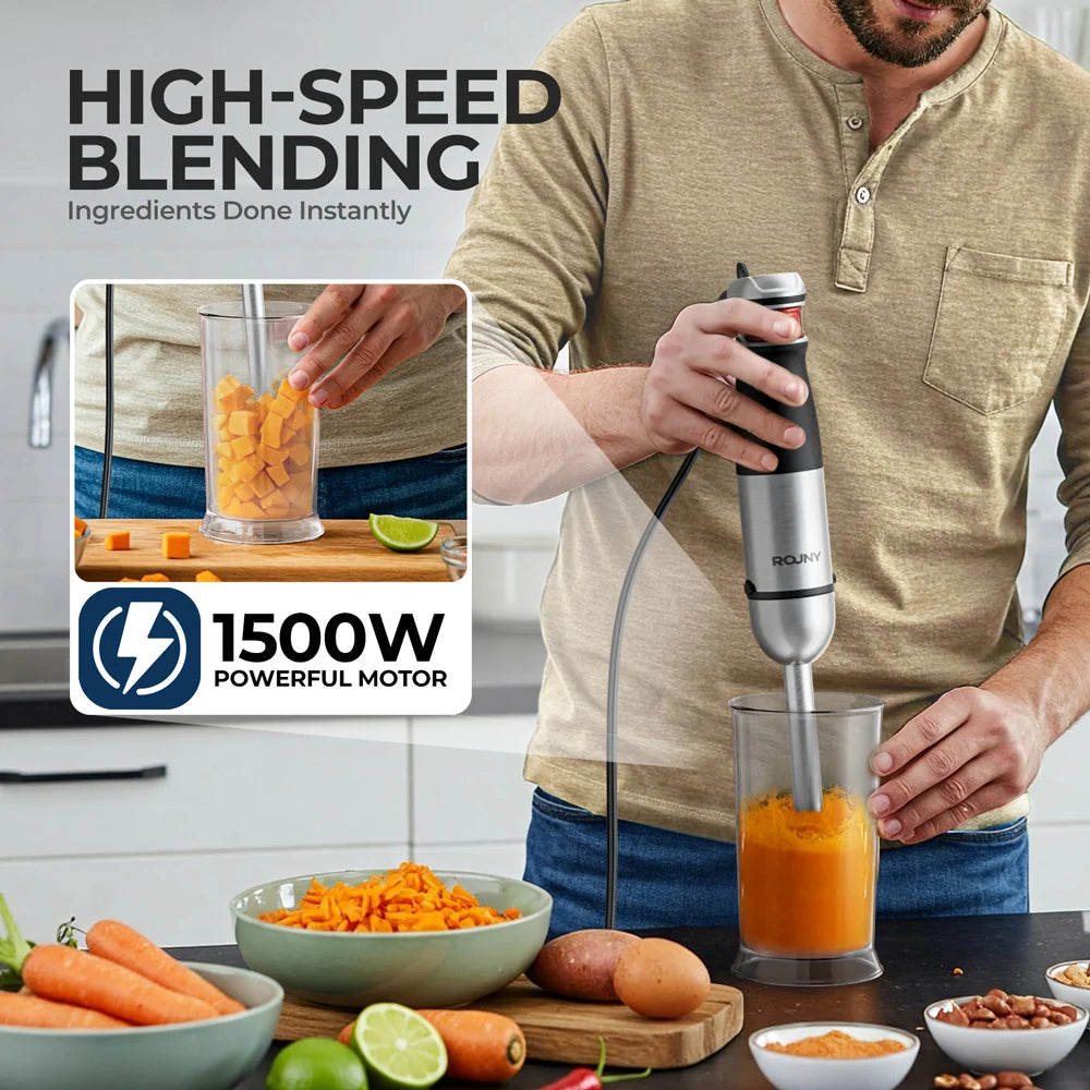 6-In-1 Multi-Purpose Immersion Hand Blender 1500W MAX, Electric Hand Held Stick Blender Stainless Steel Blades,Home & Kitchen