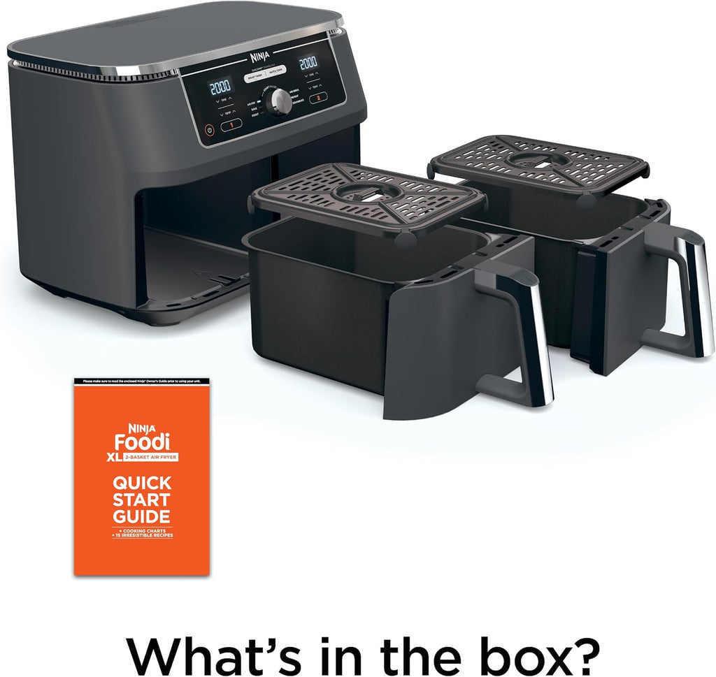 Ninja DZ401 Foodi 10 Quart 6-In-1 Dualzone XL 2-Basket Air Fryer with 2 Independent Frying Baskets, Match Cook & Smart Finish to Roast, Broil, Dehydrate for Quick, Easy Family-Sized Meals, Grey | Air Fry, Roast, Broil, Bake, Reheat, Dehydrate, 2 Independent 5 Qt Baskets, Match Cook, IQ Boost