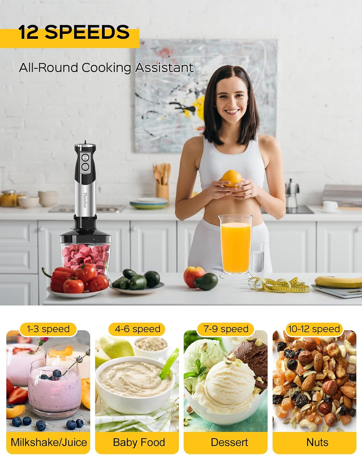 6-In-1 Hand Immersion Blender, 1000W 12 Speed Handheld Blender with 600Ml Beaker, 500Ml Chopper, Egg Whisk, Milk Frother, Stainless Steel Blades for Soup, Smoothie, Puree