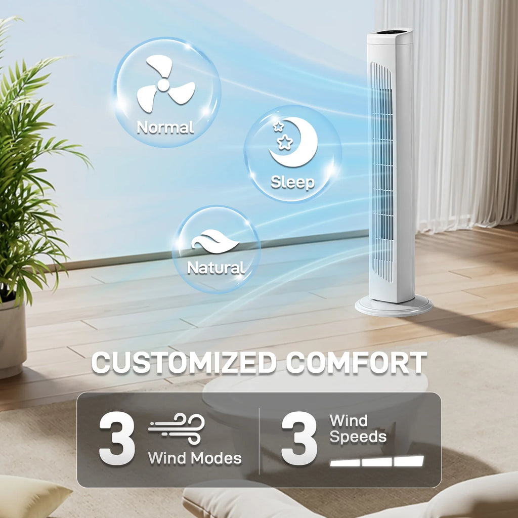 32 Inch Tower Fan with Remote & Touch Control, 110V 45W Quiet Oscillating Column Fan, Copper Motor, 3 Speeds 3 Modes, 7.5H Timer, Slim White Standing Fan for Bedroom Living Room Home Use