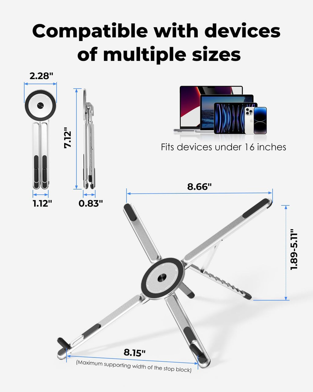 Portable Laptop Stand for Desk, Foldable Adjustable Computer Riser with Magnetic Phone Holder, Aluminum Laptop Stand for 10–16” Laptops & 4–13” Phones/Tablets (Silver)