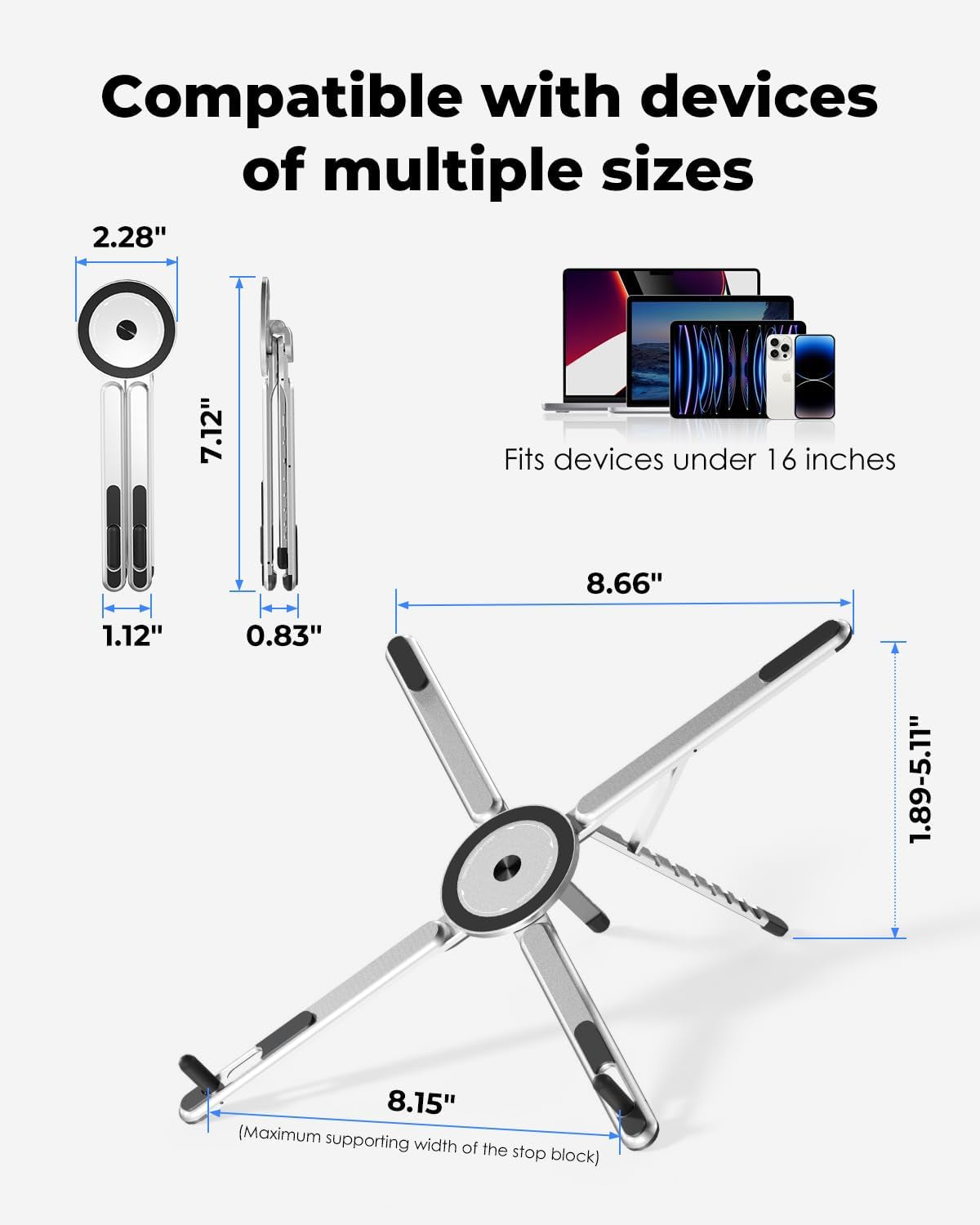 Portable Laptop Stand for Desk, Foldable Adjustable Computer Riser with Magnetic Phone Holder, Aluminum Laptop Stand for 10–16” Laptops & 4–13” Phones/Tablets (Silver)