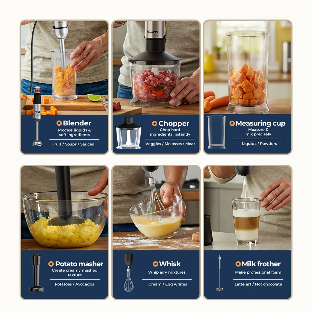 6-In-1 Multi-Purpose Immersion Hand Blender 1500W MAX, Electric Hand Held Stick Blender Stainless Steel Blades,Home & Kitchen