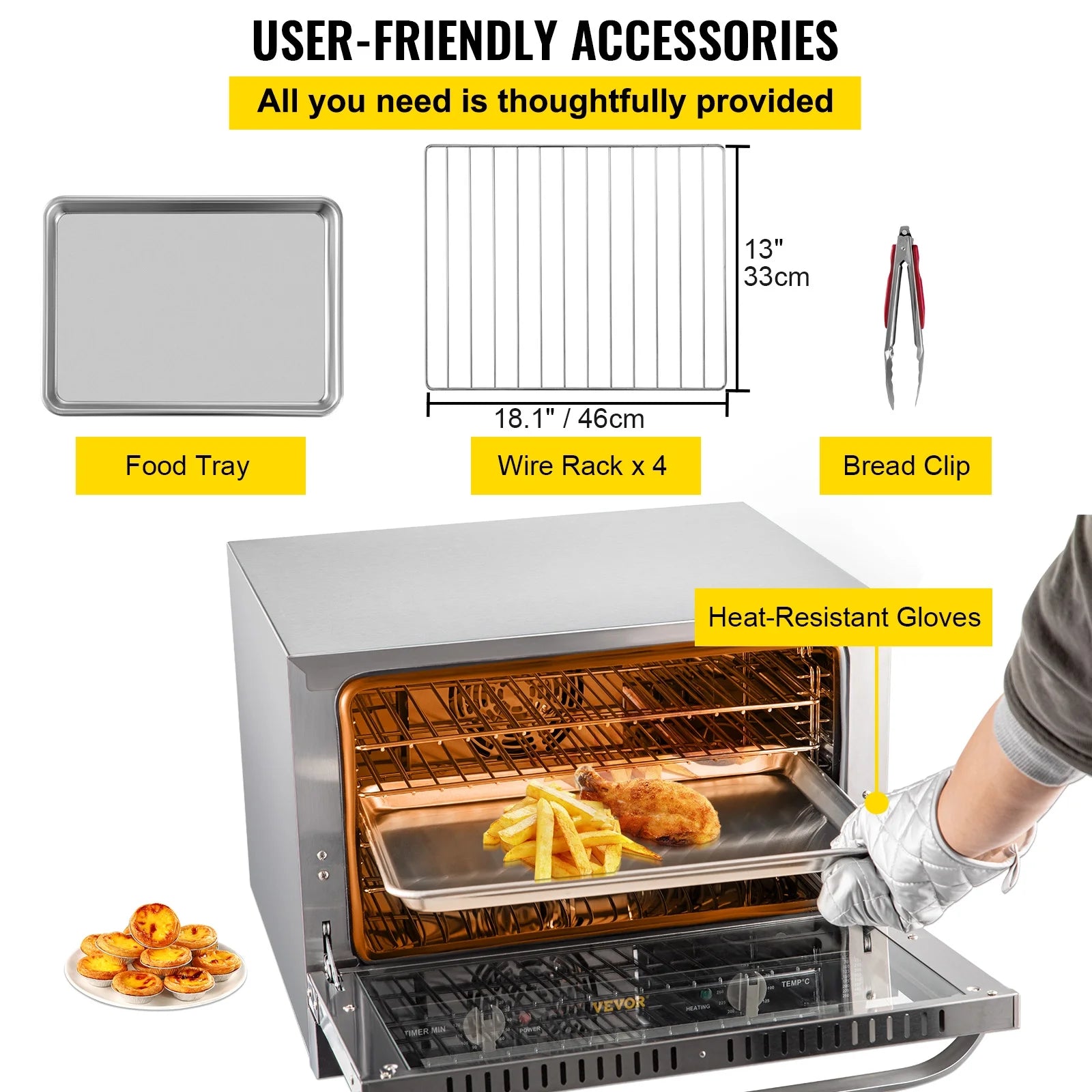 Commercial Convection Oven, Professional Countertop Oven66L/60Qt, Mid-Size Conventional Oven Countertop, 1800W 4-Tier Toaster with Front Glass Door