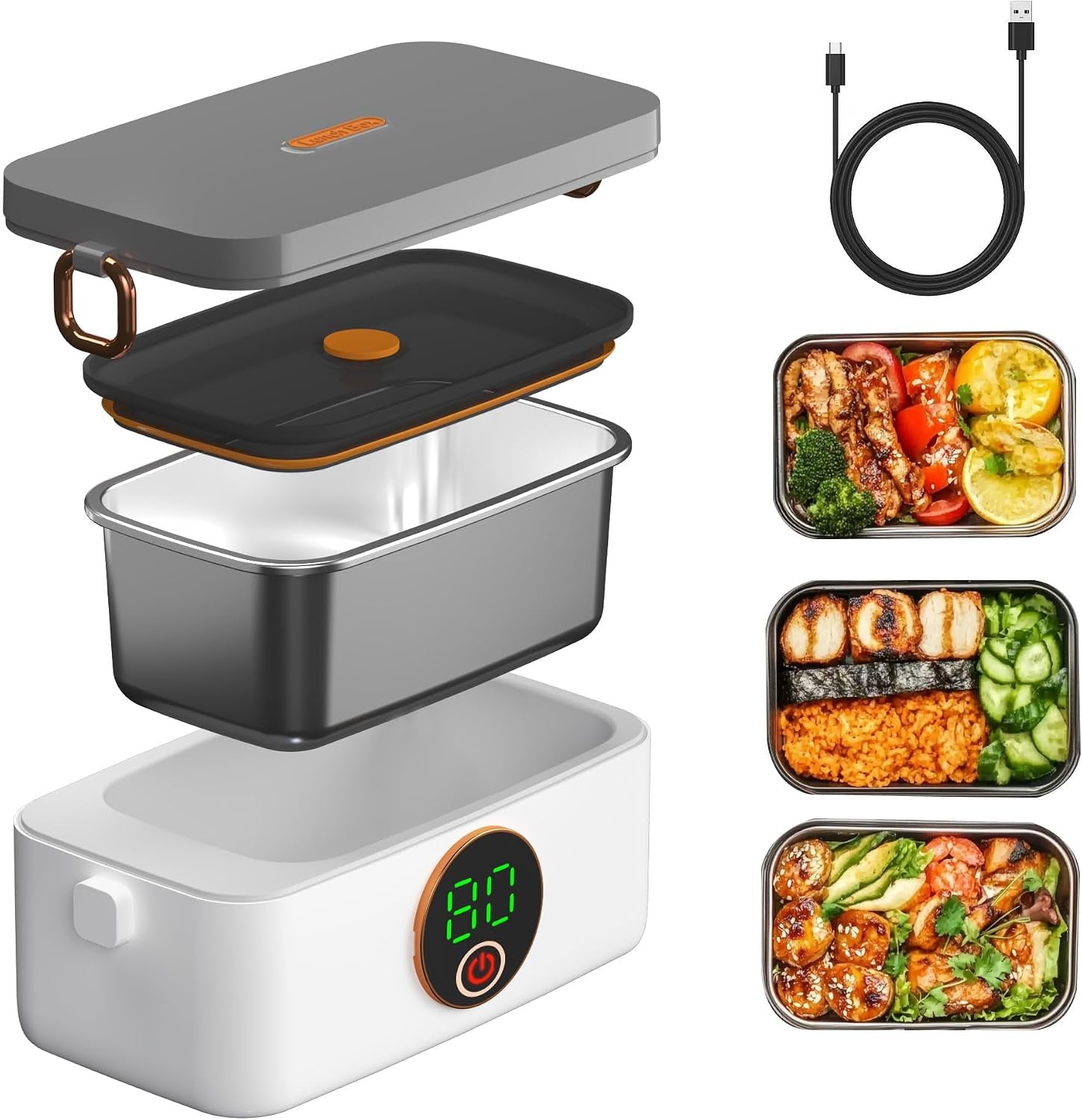 Portable Heated Lunch Box for Adults, 1000Ml Capacity SS Inner Liner | Cordless Electric Food Warmer 16000 Mah Battery Powered,6 Temperature & 7 Timer Settings for Travel/Picnic/Camping/Office