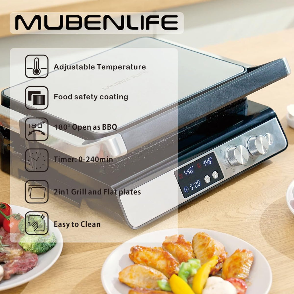 Panini Press,4 Slices Contact Grill with Removable Non-Stick Coated Grill and Flat Plates,Panini Makers with Temperature Control and Timer,Open 180 Degrees,Grill and Griddle (Silver with Digital)
