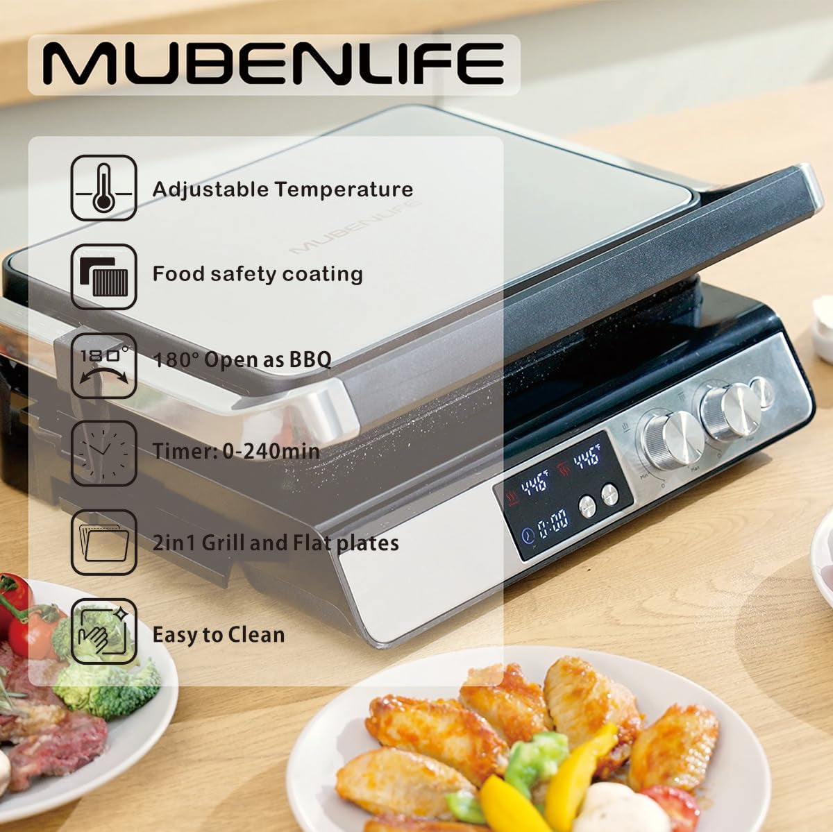 Panini Press,4 Slices Contact Grill with Removable Non-Stick Coated Grill and Flat Plates,Panini Makers with Temperature Control and Timer,Open 180 Degrees,Grill and Griddle (Silver with Digital)