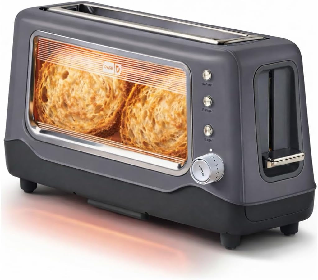 Clear View Toaster: Extra Wide Slot Toaster with See through Window - Defrost, Reheat + Auto Shut off Feature for Bagels, Specialty Breads & Other Baked Goods - Grey