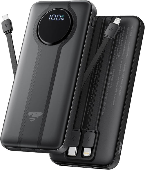 Portable Charger, 10000Mah Power Bank with Built in Cables, 22.5W USB C In/Out Fast Charging Powerbank, Slim Travel Battery Charger Pack for Iphone 16 15 Samsung Galaxy S24 S10E Android Phone