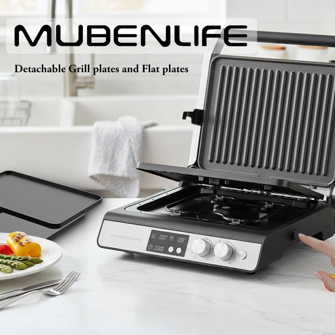 Panini Press,4 Slices Contact Grill with Removable Non-Stick Coated Grill and Flat Plates,Panini Makers with Temperature Control and Timer,Open 180 Degrees,Grill and Griddle (Silver with Digital)