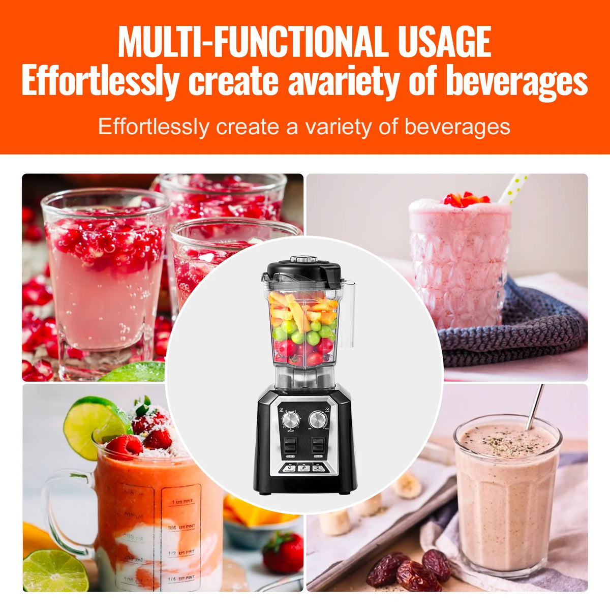 Professional Blender, Commercial Countertop Blenders, 68 Oz Plastic Jar Blender Combo, Stainless Steel 3 Functions Blender, for Frozen Drinks, Shakes, Smoothies, Peree, and Crush Ice, Black