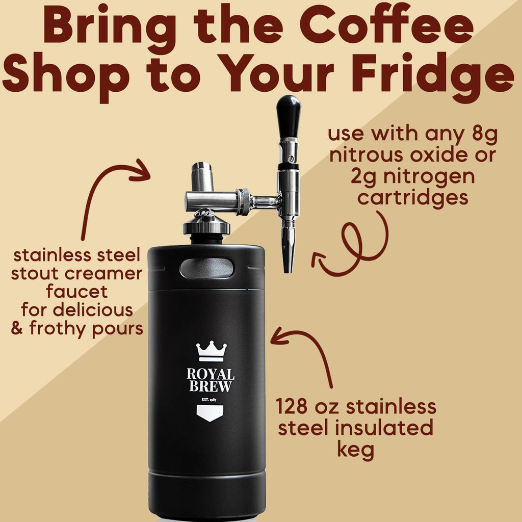 The Original Royal Brew Nitro Cold Brew Coffee Maker - Gift for Coffee Lovers -128 Oz Extra Large Home Keg, Nitrogen Gas System Coffee Dispenser Kit - Use Nitrogen or Nitrous Oxide | Stainless Steel Coffee Dispenser Kit with Stout Faucet, Nitrogen Gas Home Nitro Coffee System, Gift for Coffee Lovers