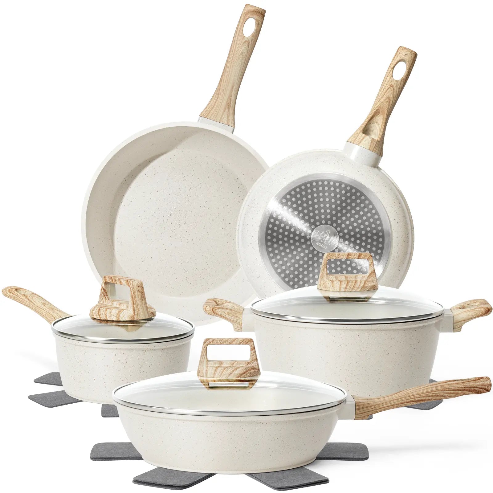 SODAY Pots and Pans Set Non Stick, 12Pcs Kitchen Cookware Sets Non-Toxic Healthy Nonstick Kitchen Cooking Set with Frying Pans, Saucepans,Glass Lid,Kitchenware,Stock up on Specials, Aluminium Durable Bakelite Handle , Tiktokshopsummersale