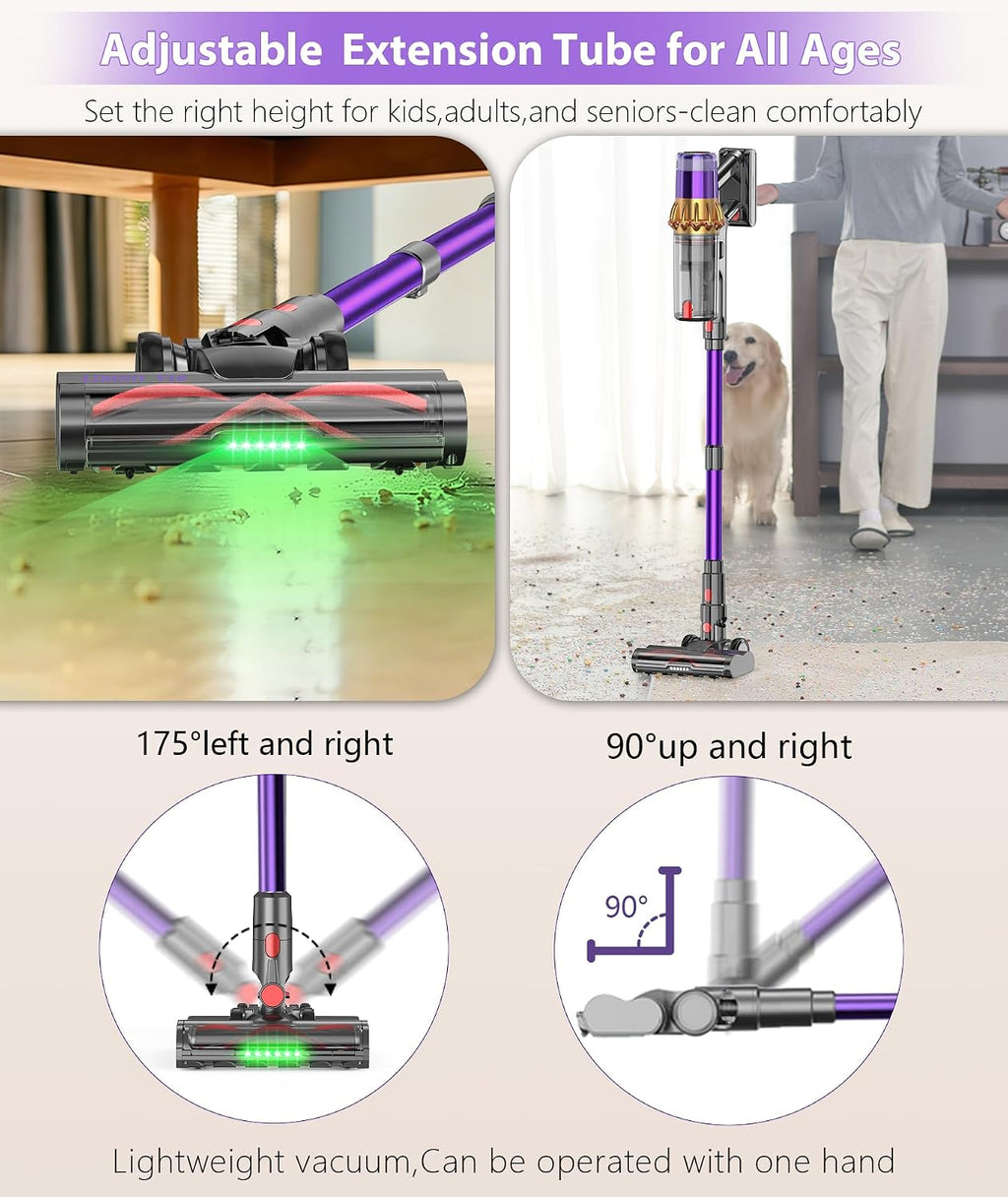 Cordless Vacuum Cleaner,650W 55KPA 70Mins Wireless Stick Vacuum Cleaners | Rechargeable Vacuum with Green Light,Powerful Anti-Tangle Vacuum for Home Carpet Hardwood Floors,Purple