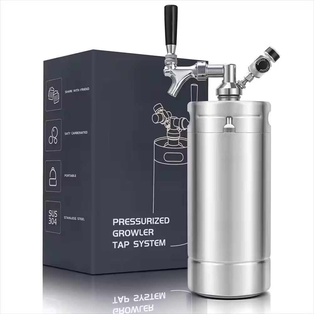 128 Oz. Stainless Steel Mini Keg Growler, Pressurized Home Dispenser System with Self-Closing Design Faucet