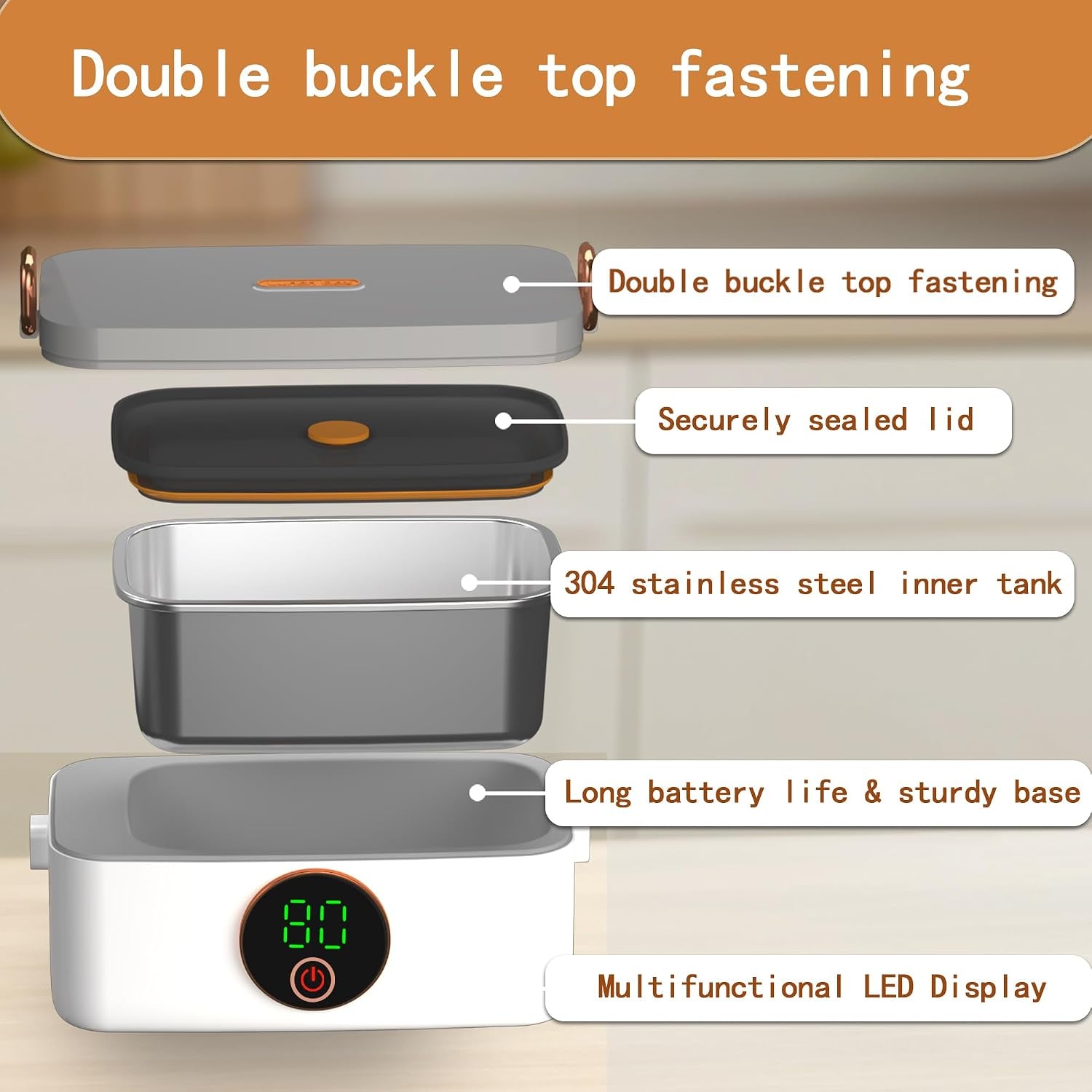 Portable Heated Lunch Box for Adults, 1000Ml Capacity SS Inner Liner | Cordless Electric Food Warmer 16000 Mah Battery Powered,6 Temperature & 7 Timer Settings for Travel/Picnic/Camping/Office