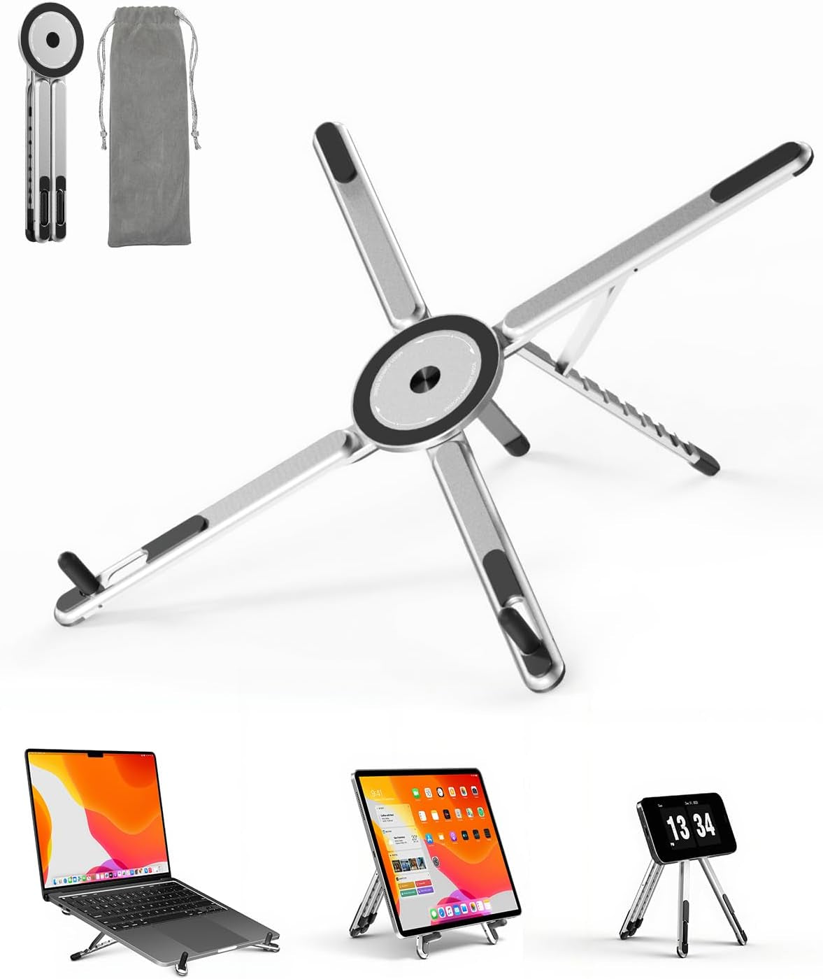 Portable Laptop Stand for Desk, Foldable Adjustable Computer Riser with Magnetic Phone Holder, Aluminum Laptop Stand for 10–16” Laptops & 4–13” Phones/Tablets (Silver)