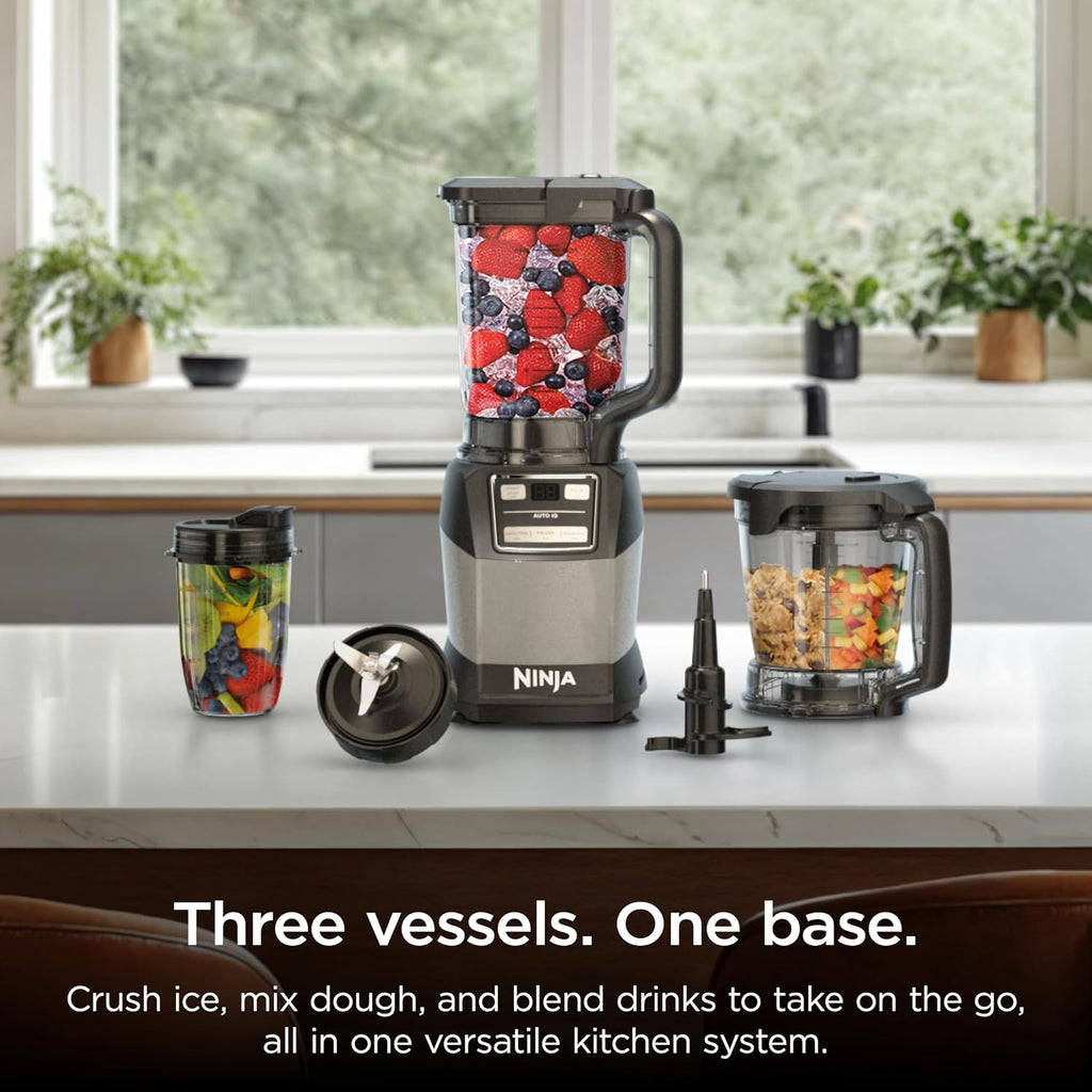 Ninja Compact Kitchen System, Auto-Iq, 1200W, 72Oz Pitcher, Grey, AMZ493BRN | 3 Functions for Smoothies, Dough & Frozen Drinks with Auto-Iq. 72-Oz Pitcher, 40-Oz Processor Bowl, 18-Oz Cup.
