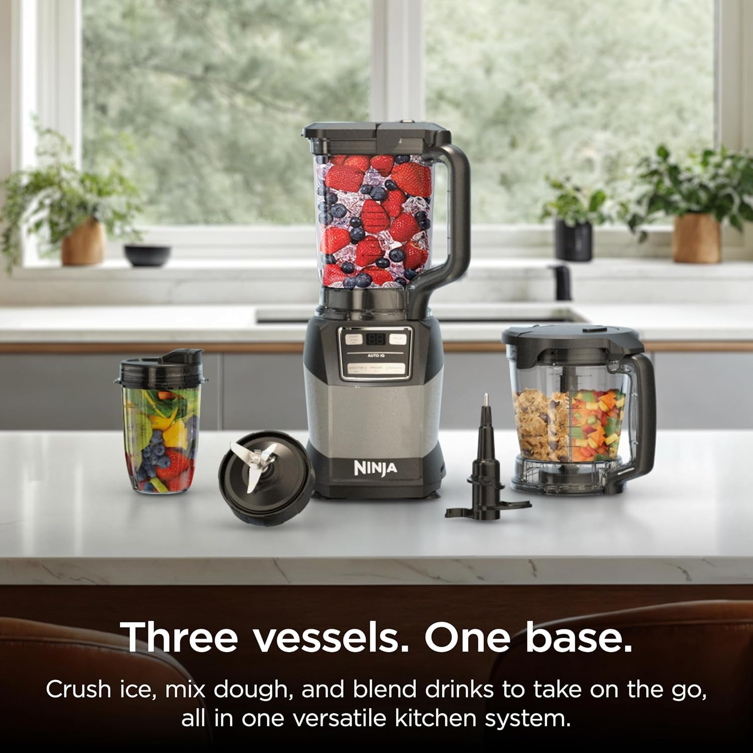 Ninja Compact Kitchen System, Auto-Iq, 1200W, 72Oz Pitcher, Grey, AMZ493BRN | 3 Functions for Smoothies, Dough & Frozen Drinks with Auto-Iq. 72-Oz Pitcher, 40-Oz Processor Bowl, 18-Oz Cup.