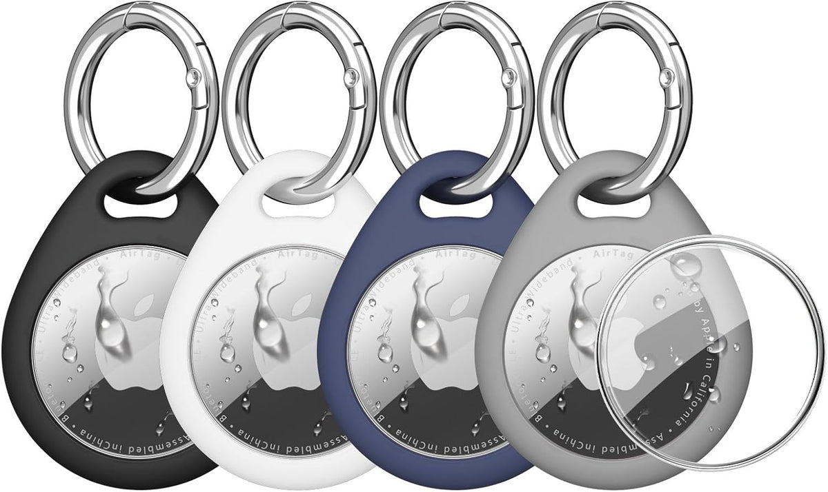 4 Pack Airtag Holder for Apple Air Tags with Keychain, Soft TPU Shockproof Waterproof Shell Protective Case for Key, Luggage, Pet Collar (Black+White+Grey+Navy Blue)