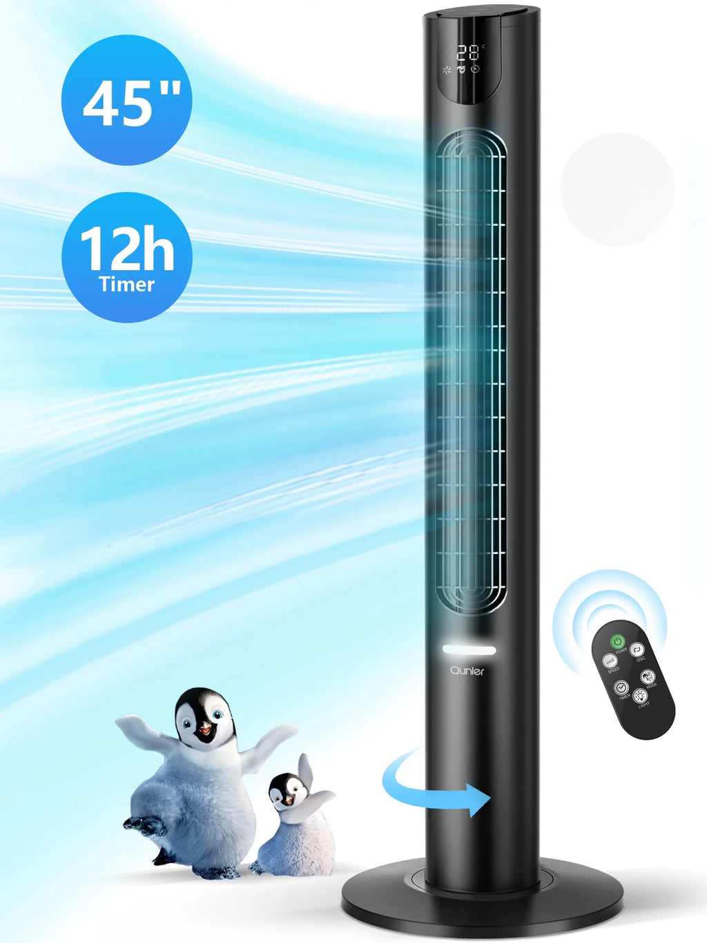 45" Oscillating Tower Fan with Remote, 8 Speeds, 12H Timer,Dc Motor 25Db Quiet Cooling Floor Fan for Bedroom Home Office, Black