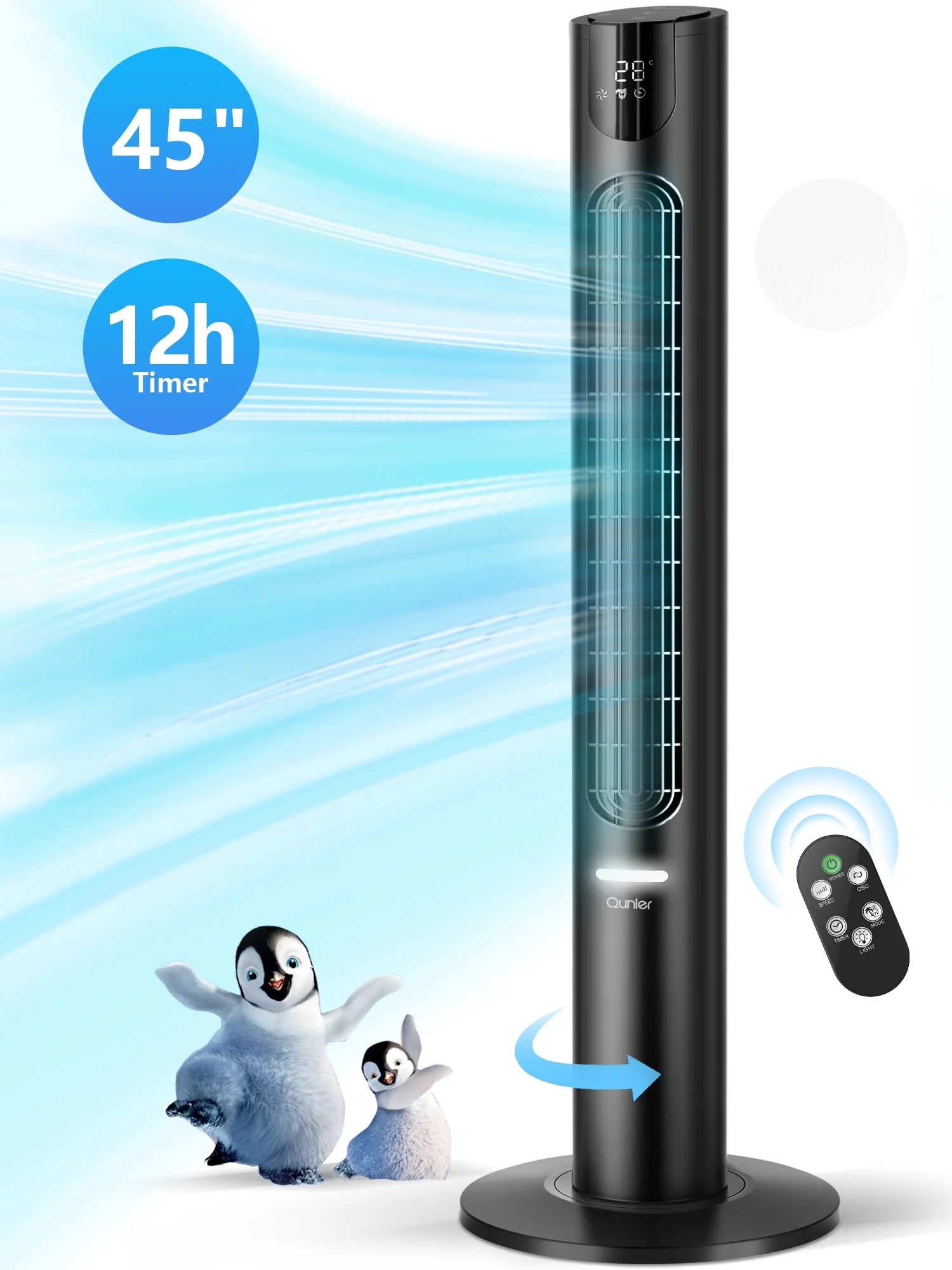 45" Oscillating Tower Fan with Remote, 8 Speeds, 12H Timer,Dc Motor 25Db Quiet Cooling Floor Fan for Bedroom Home Office, Black
