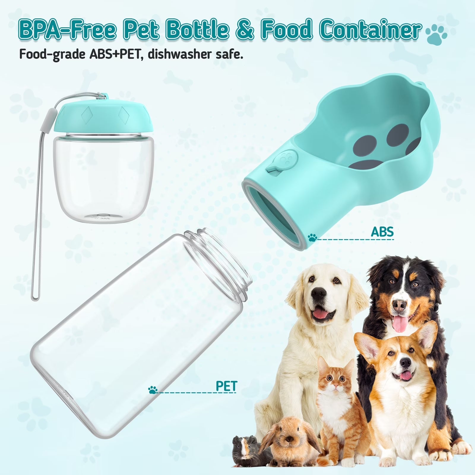Dog Water Bottle with Food Container, 18.6Oz Pet Dispenser Cup, Detachable Food Storage, Portable Leak Proof Lock Dog Water Bottle for Outdoor Daily Walking Camping Hiking Travel, Blue