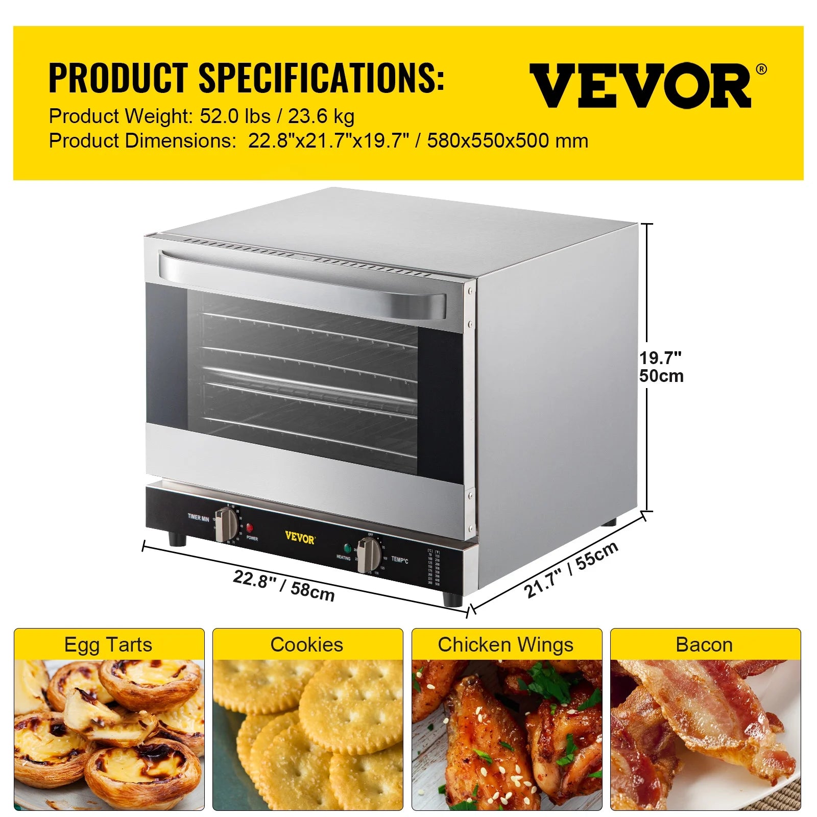 Commercial Convection Oven, Professional Countertop Oven66L/60Qt, Mid-Size Conventional Oven Countertop, 1800W 4-Tier Toaster with Front Glass Door