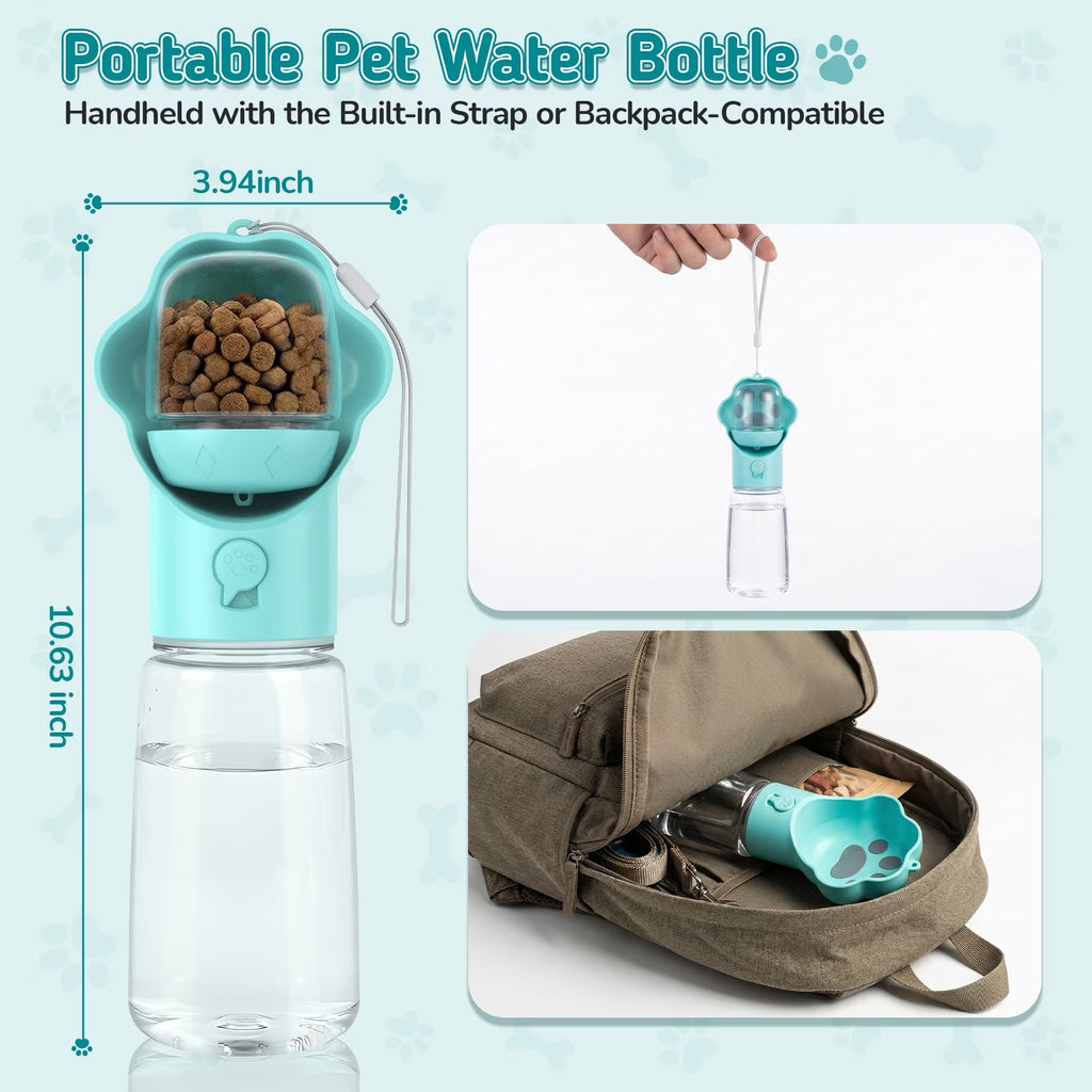Dog Water Bottle with Food Container, 18.6Oz Pet Dispenser Cup, Detachable Food Storage, Portable Leak Proof Lock Dog Water Bottle for Outdoor Daily Walking Camping Hiking Travel, Blue