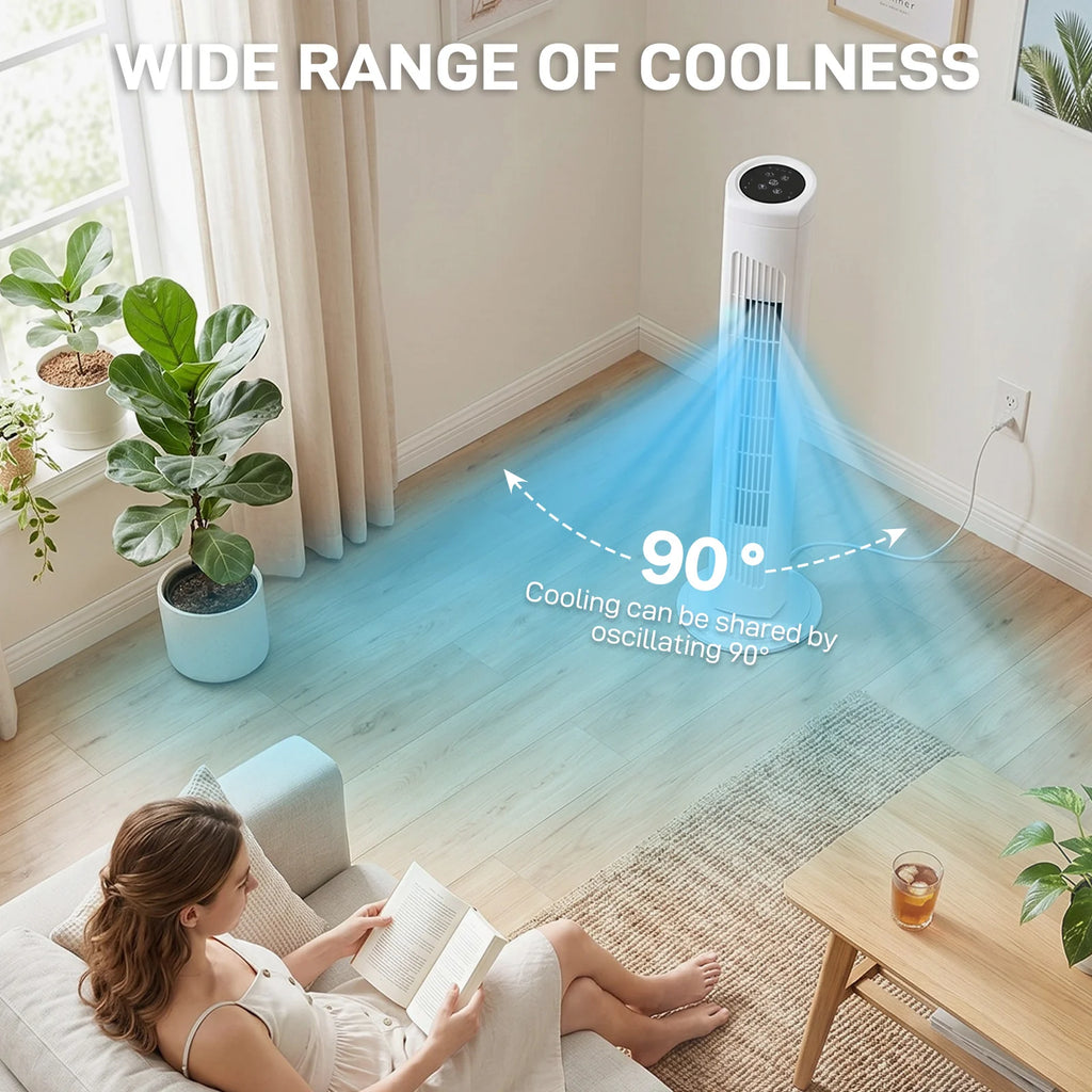 32 Inch Tower Fan with Remote & Touch Control, 110V 45W Quiet Oscillating Column Fan, Copper Motor, 3 Speeds 3 Modes, 7.5H Timer, Slim White Standing Fan for Bedroom Living Room Home Use