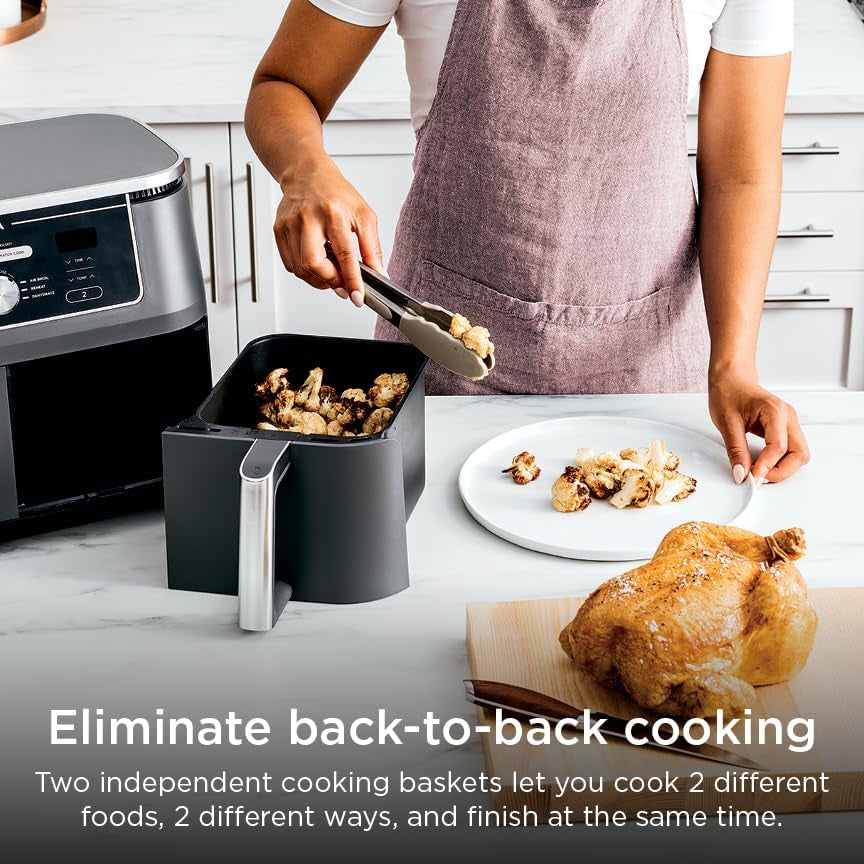 Ninja DZ401 Foodi 10 Quart 6-In-1 Dualzone XL 2-Basket Air Fryer with 2 Independent Frying Baskets, Match Cook & Smart Finish to Roast, Broil, Dehydrate for Quick, Easy Family-Sized Meals, Grey | Air Fry, Roast, Broil, Bake, Reheat, Dehydrate, 2 Independent 5 Qt Baskets, Match Cook, IQ Boost