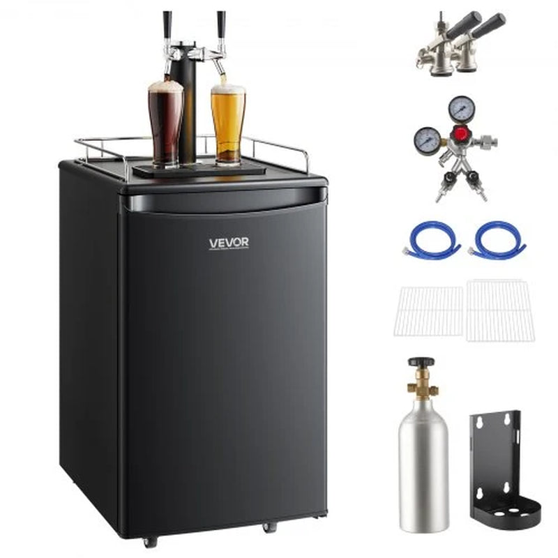 Beer Kegerator, Dual Tap Draft Beer Dispenser, Full Size Keg Refrigerator with CO2 Cylinder, Shelves, Drip Tray & Rail, 32¡Ãf- 50¡Ãf Temperature Control, Hold 1/6, 1/4, 1/2 Barrels, Black