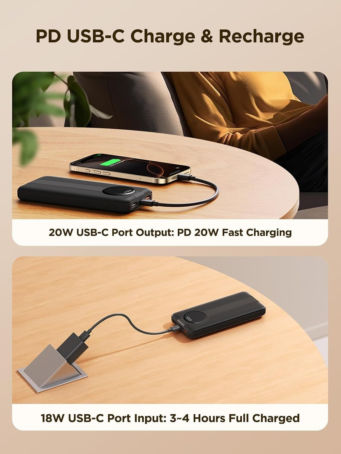 Portable Charger, 10000Mah Power Bank with Built in Cables, 22.5W USB C In/Out Fast Charging Powerbank, Slim Travel Battery Charger Pack for Iphone 16 15 Samsung Galaxy S24 S10E Android Phone