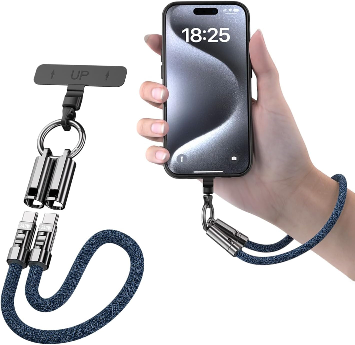 Hand Wrist Lanyard 1Ft (30Cm) – Universal Cell Phone Strap with Built-In 240W USB C Charging Cable & Data Transfer
