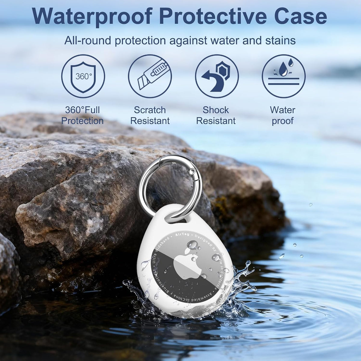 4 Pack Airtag Holder for Apple Air Tags with Keychain, Soft TPU Shockproof Waterproof Shell Protective Case for Key, Luggage, Pet Collar (Black+White+Grey+Navy Blue)