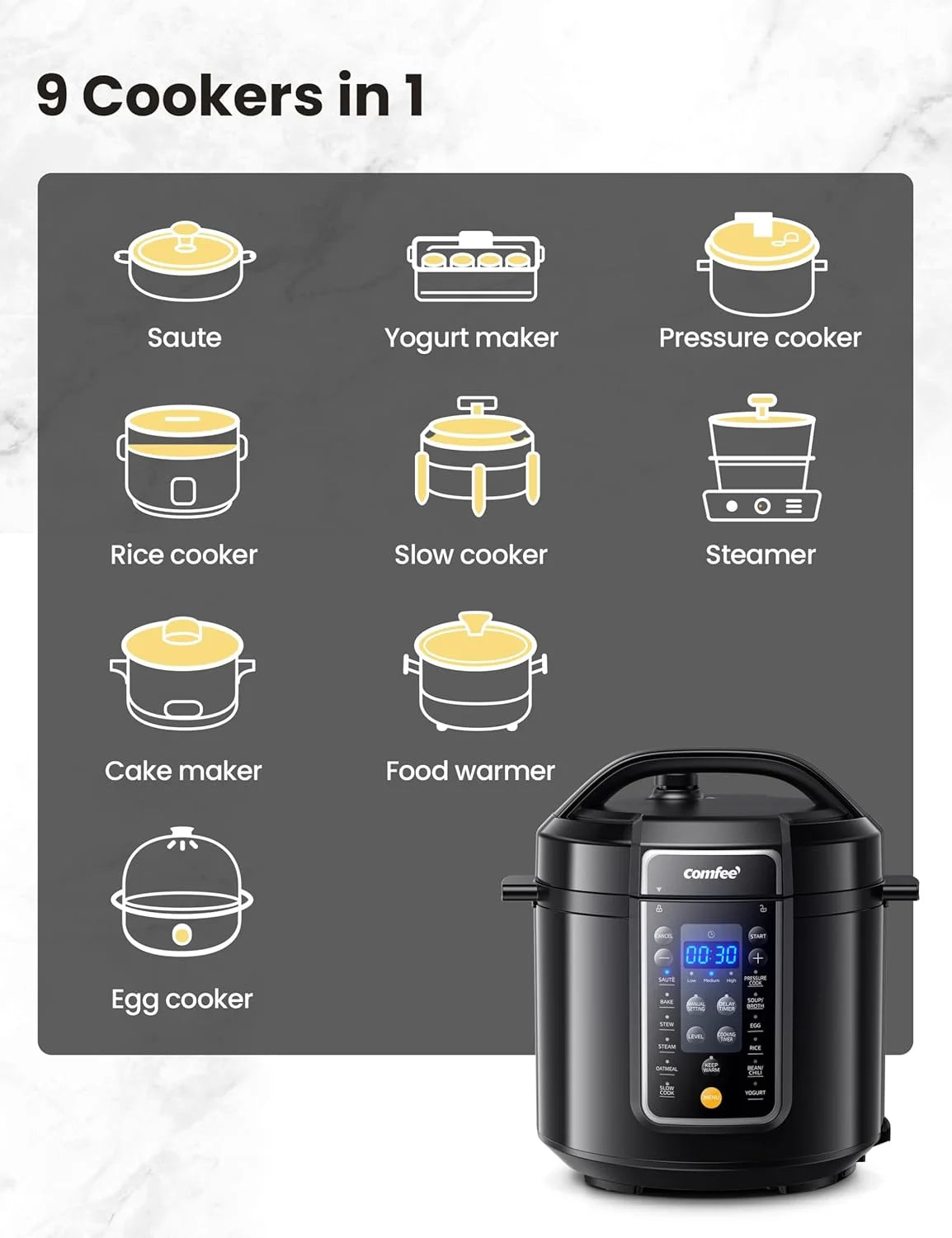 COMFEE’ 6QT Electric Pressure Cooker, 9-In-1 Instant Multi Cooker Olla De Presion Rice Cooker Slow Cooker Steamer Sauté Yogurt Maker Non-Stick Pot