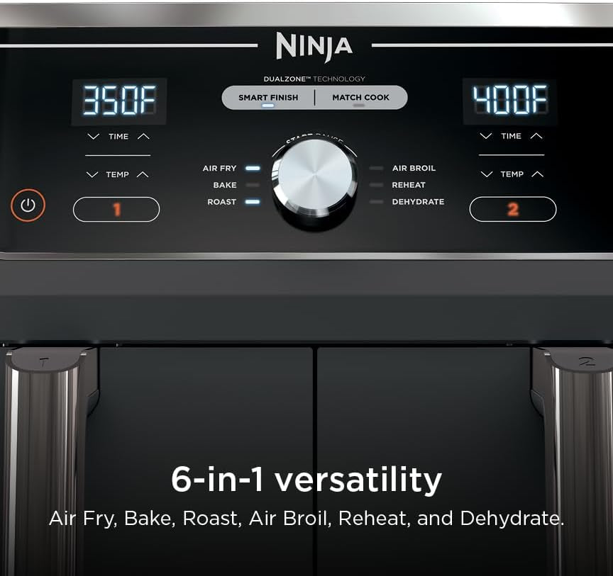 Ninja DZ401 Foodi 10 Quart 6-In-1 Dualzone XL 2-Basket Air Fryer with 2 Independent Frying Baskets, Match Cook & Smart Finish to Roast, Broil, Dehydrate for Quick, Easy Family-Sized Meals, Grey | Air Fry, Roast, Broil, Bake, Reheat, Dehydrate, 2 Independent 5 Qt Baskets, Match Cook, IQ Boost