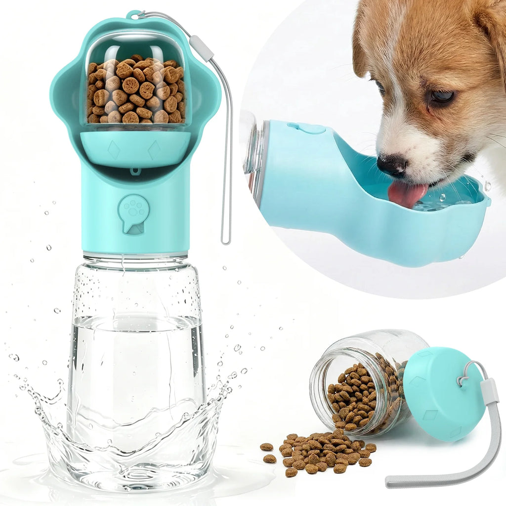Dog Water Bottle with Food Container, 18.6Oz Pet Dispenser Cup, Detachable Food Storage, Portable Leak Proof Lock Dog Water Bottle for Outdoor Daily Walking Camping Hiking Travel, Blue