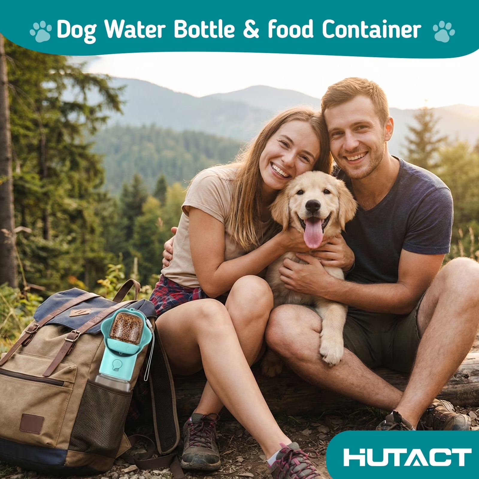 Dog Water Bottle with Food Container, 18.6Oz Pet Dispenser Cup, Detachable Food Storage, Portable Leak Proof Lock Dog Water Bottle for Outdoor Daily Walking Camping Hiking Travel, Blue