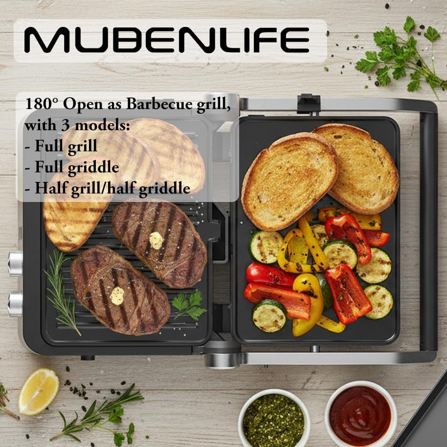Panini Press,4 Slices Contact Grill with Removable Non-Stick Coated Grill and Flat Plates,Panini Makers with Temperature Control and Timer,Open 180 Degrees,Grill and Griddle (Silver with Digital)