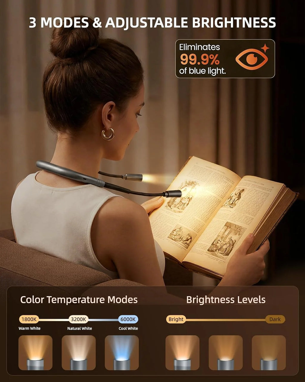 LED Neck Reading Light - Rechargeable Hands-Free Book Light for Reading