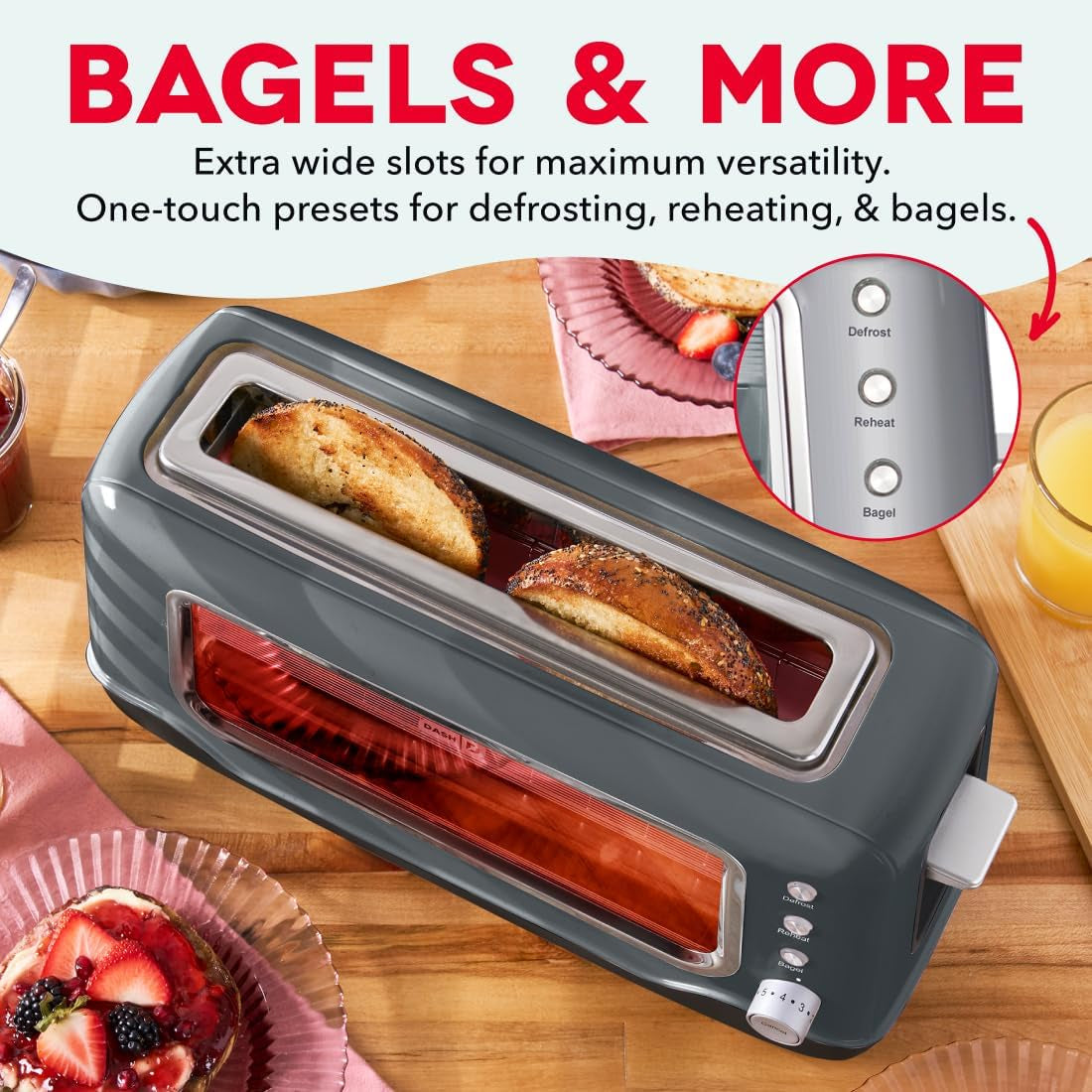 Clear View Toaster: Extra Wide Slot Toaster with See through Window - Defrost, Reheat + Auto Shut off Feature for Bagels, Specialty Breads & Other Baked Goods - Grey