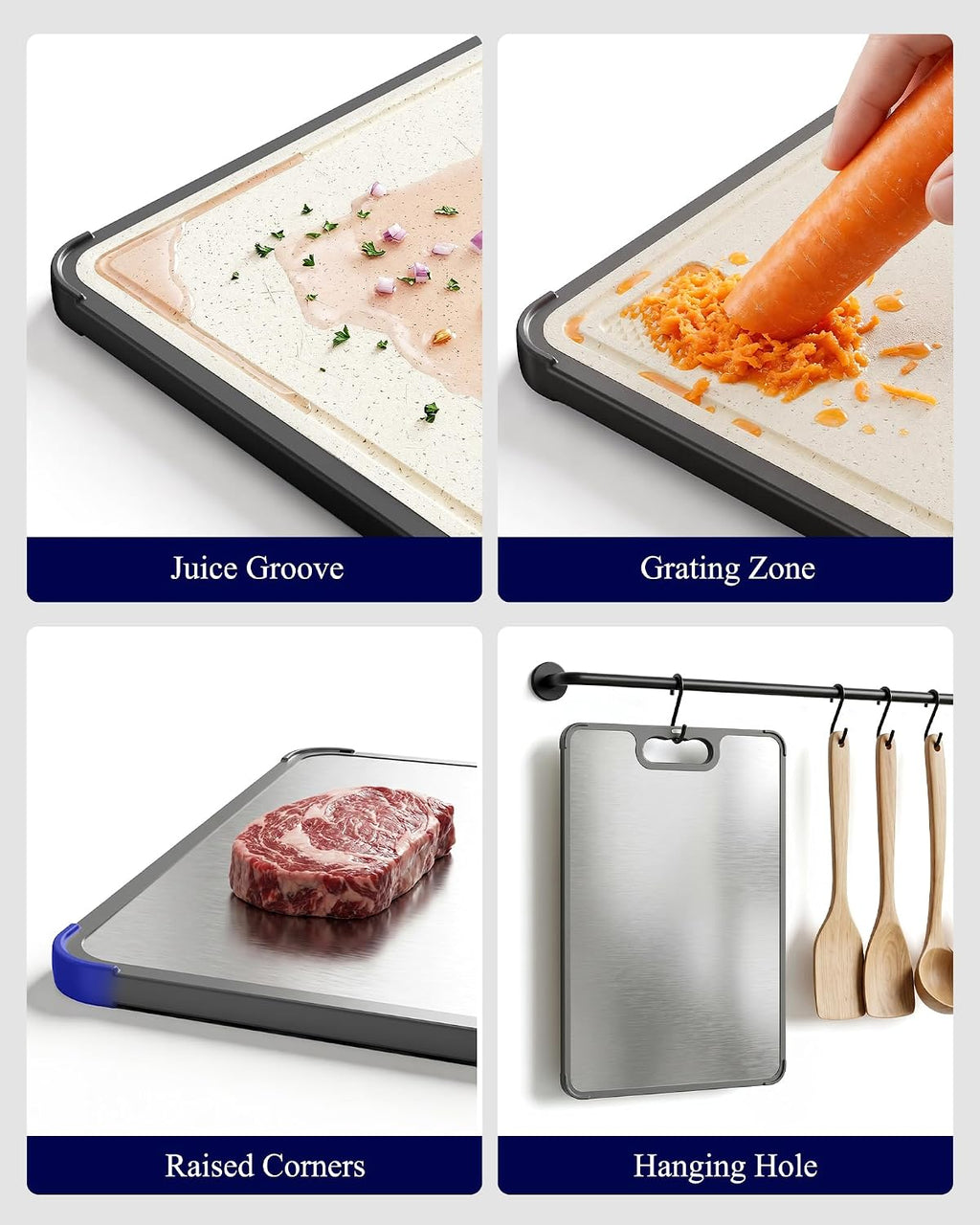 Double-Sided Cutting Board for Kitchen - Stainless Steel Cutting Board with Wheat Straw Side, Non-Toxic Chopping Board with Juice Groove, Garlic Grinder & Non-Slip Design, 14.5 X 10.0"